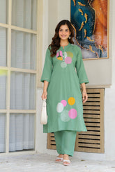 Shadow Green Embroidered Cotton Kurta and Pant Set