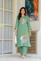 Shadow Green Embroidered Cotton Kurta and Pant Set