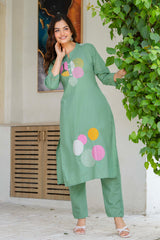 Shadow Green Embroidered Cotton Kurta and Pant Set
