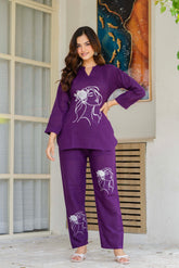Wine Embroidered Cotton Slub Co-Ord Set