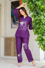 Wine Embroidered Cotton Slub Co-Ord Set