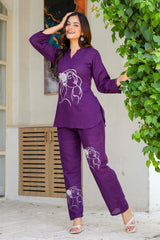 Wine Embroidered Cotton Slub Co-Ord Set