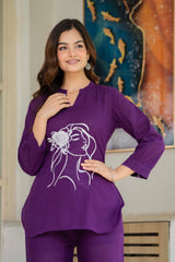 Wine Embroidered Cotton Slub Co-Ord Set