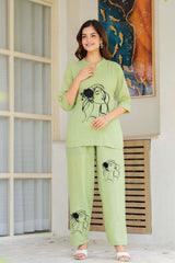 Green Embroidered Cotton Slub Co-Ord Set