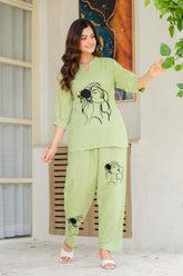 Green Embroidered Cotton Slub Co-Ord Set