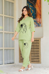 Green Embroidered Cotton Slub Co-Ord Set