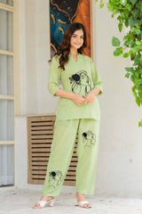 Green Embroidered Cotton Slub Co-Ord Set