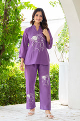 Purple Embroidered Cotton Slub Co-Ord Set