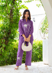 Purple Embroidered Cotton Slub Co-Ord Set