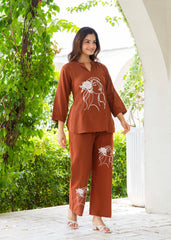 Brown Rust Embroidered Cotton Slub Co-Ord Set