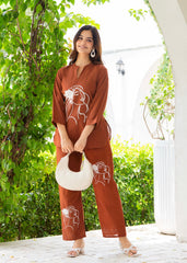 Brown Rust Embroidered Cotton Slub Co-Ord Set