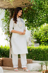 Off White Embellished Cotton Lurex Kurta and Pant Set