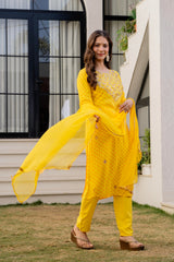 Yellow Embroidered Rayon Kurta and Pant Set Dupatta