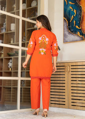 Rust Embroidered Cotton Co-Ord Set