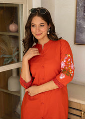 Rust Embroidered Cotton Co-Ord Set