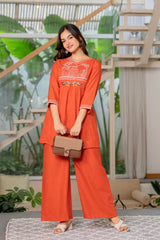 Rust Orange Embroidered Cotton Co-Ord Set