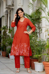 Orange Embroidered Cotton Kurta and Pant Set with Dupatta