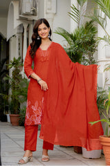 Orange Embroidered Cotton Kurta and Pant Set with Dupatta