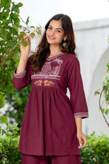 Maroon Embroidered Cotton Co-Ord Set