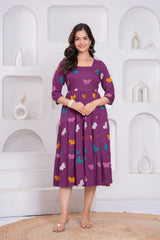 Wine Butterfly Printed Rayon Anarkali Gown