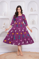 Wine Butterfly Printed Rayon Anarkali Gown