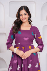 Wine Butterfly Printed Rayon Anarkali Gown