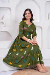 Green Butterfly Printed Rayon Anarkali Gown