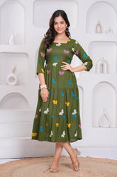Green Butterfly Printed Rayon Anarkali Gown