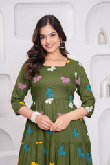 Green Butterfly Printed Rayon Anarkali Gown