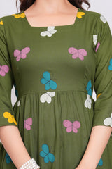 Green Butterfly Printed Rayon Anarkali Gown