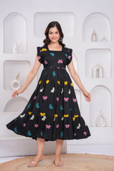 Black Butterfly Printed Rayon Anarkali Gown