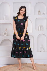 Black Butterfly Printed Rayon Anarkali Gown