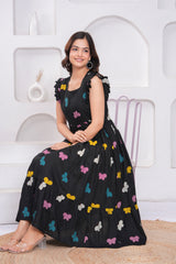 Black Butterfly Printed Rayon Anarkali Gown