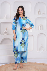 Blue Printed Cotton Kurta and Palazzo Set