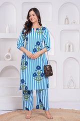 Blue Printed Cotton Kurta and Palazzo Set