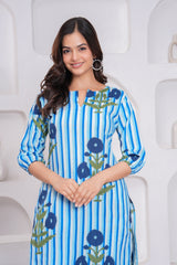 Blue Printed Cotton Kurta and Palazzo Set
