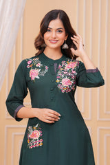 Dark Green Embroidered Cotton Kurta and Pant Set