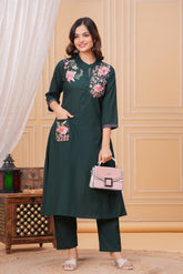Dark Green Embroidered Cotton Kurta and Pant Set
