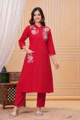 Red Embroidered Cotton Kurta and Pant Set