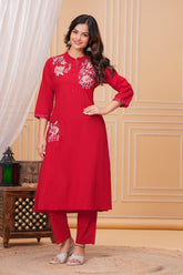 Red Embroidered Cotton Kurta and Pant Set
