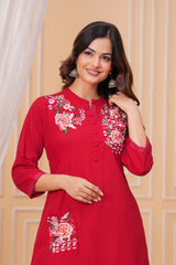 Red Embroidered Cotton Kurta and Pant Set