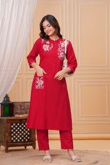 Red Embroidered Cotton Kurta and Pant Set