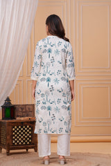 Blue White Printed Cotton Kurta and Pant Set