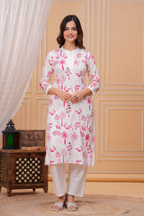 Pink White Printed Cotton Kurta and Pant Set