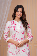 Pink White Printed Cotton Kurta and Pant Set