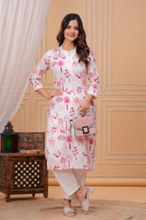 Pink White Printed Cotton Kurta and Pant Set
