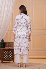 Purple White Printed Cotton Kurta and Pant Set