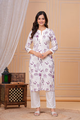Purple White Printed Cotton Kurta and Pant Set