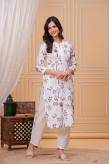 Purple White Printed Cotton Kurta and Pant Set