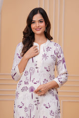 Purple White Printed Cotton Kurta and Pant Set
